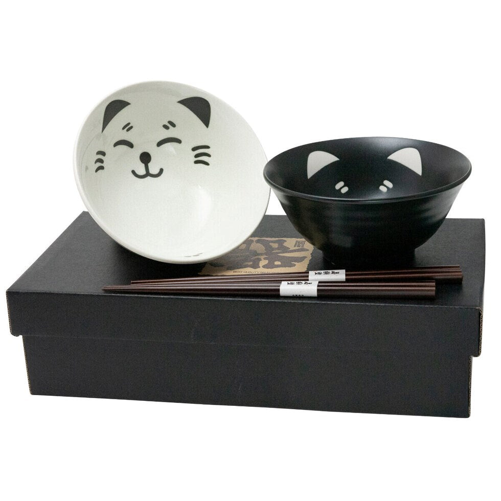 Cat Face Pair Bowl Set with Chopsticks