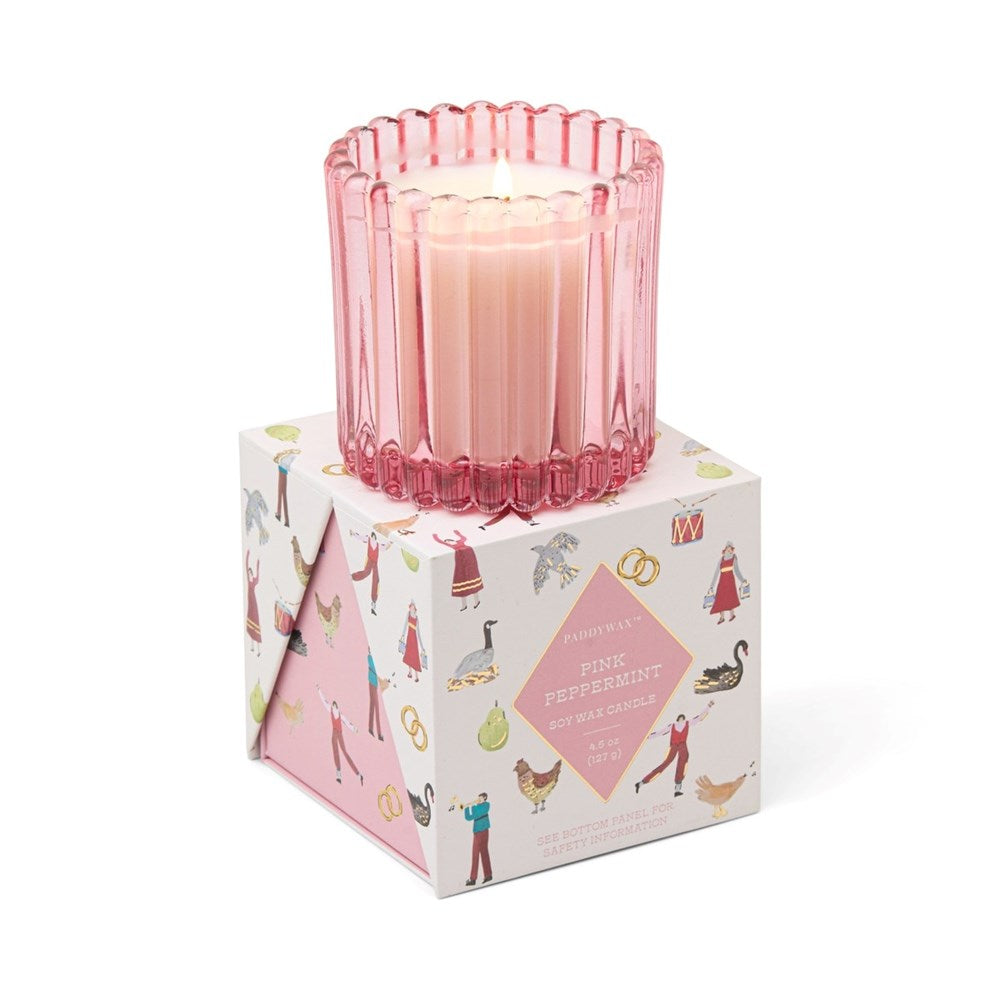 Paddywax: Pink Tinted Glass In Holiday Merry Box - Pink Peppermint (4.5oz)