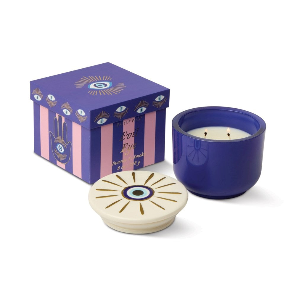 Paddywax: Charmed Blue Glass Candle with Embossed Evil Eye Ceramic Lid & Printed Box - Incense & Smoke