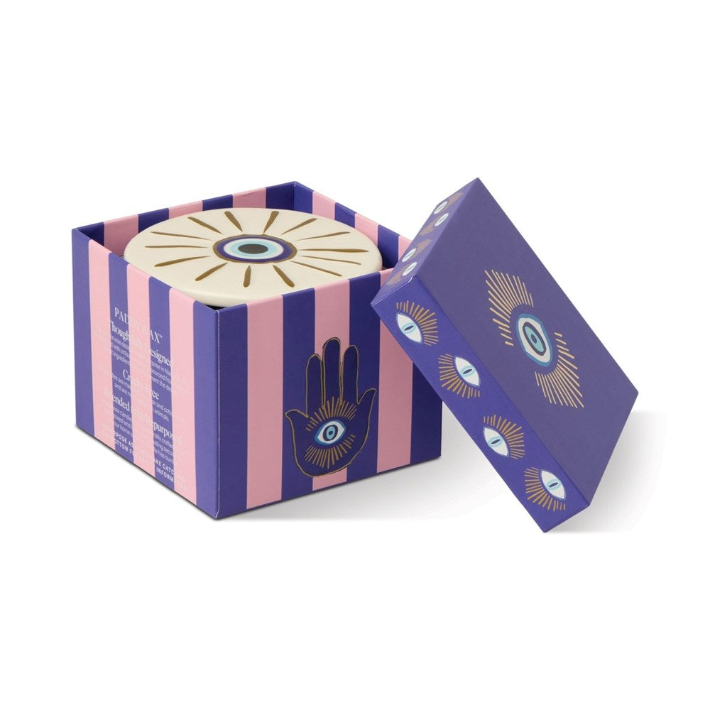 Paddywax: Charmed Blue Glass Candle with Embossed Evil Eye Ceramic Lid & Printed Box - Incense & Smoke