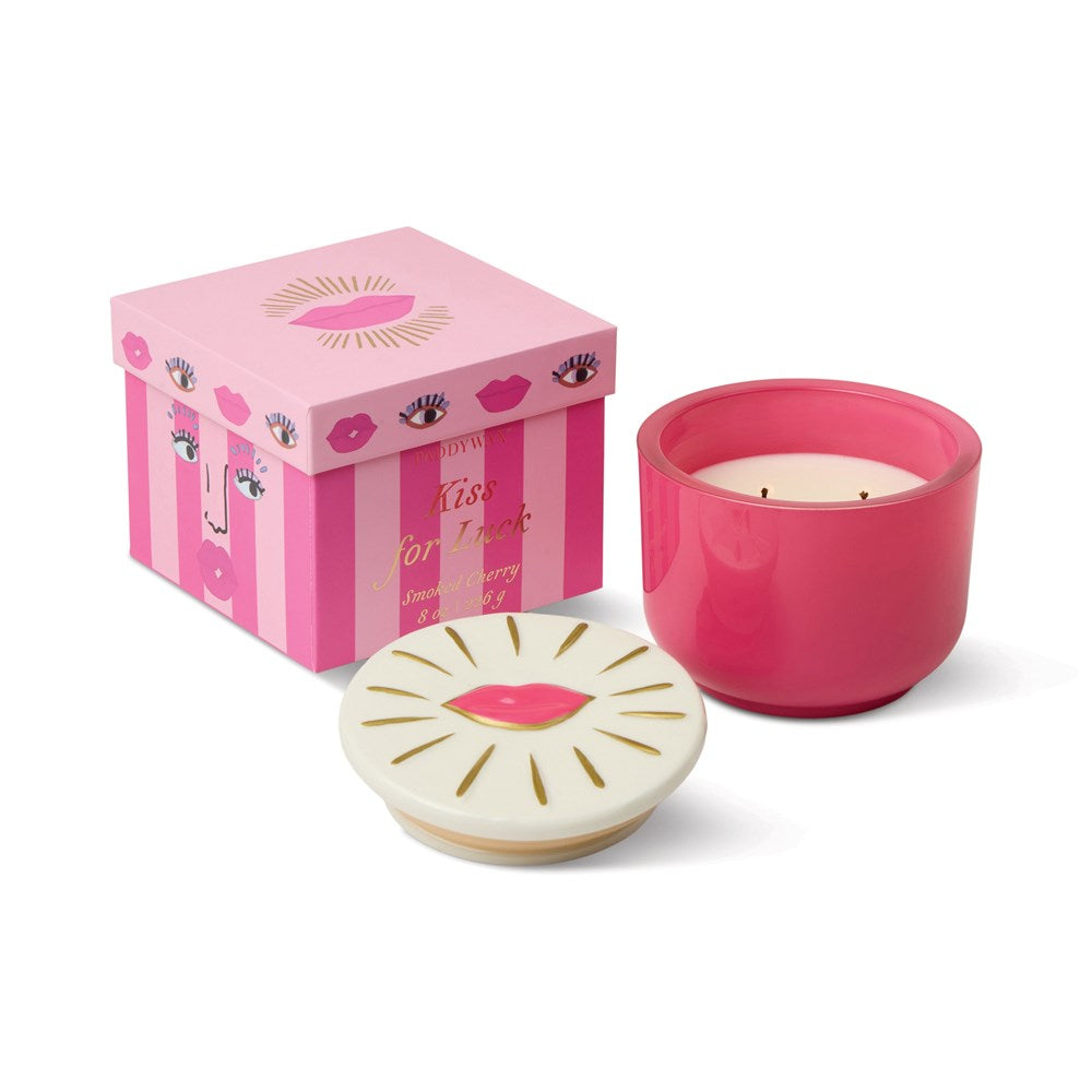 Paddywax: Charmed Hot Pink Glass Candle with Embossed Lips Ceramic Lid - Smoked Cherry