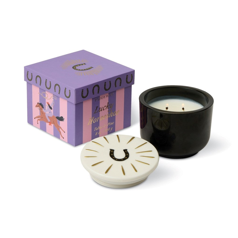 Paddywax: Charmed Black Glass Candle with Embossed Horseshoe Ceramic Lid & Printed Box - Tabac & Pine