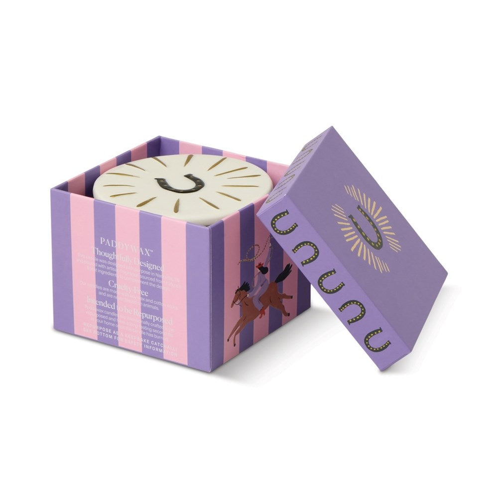 Paddywax: Charmed Black Glass Candle with Embossed Horseshoe Ceramic Lid & Printed Box - Tabac & Pine