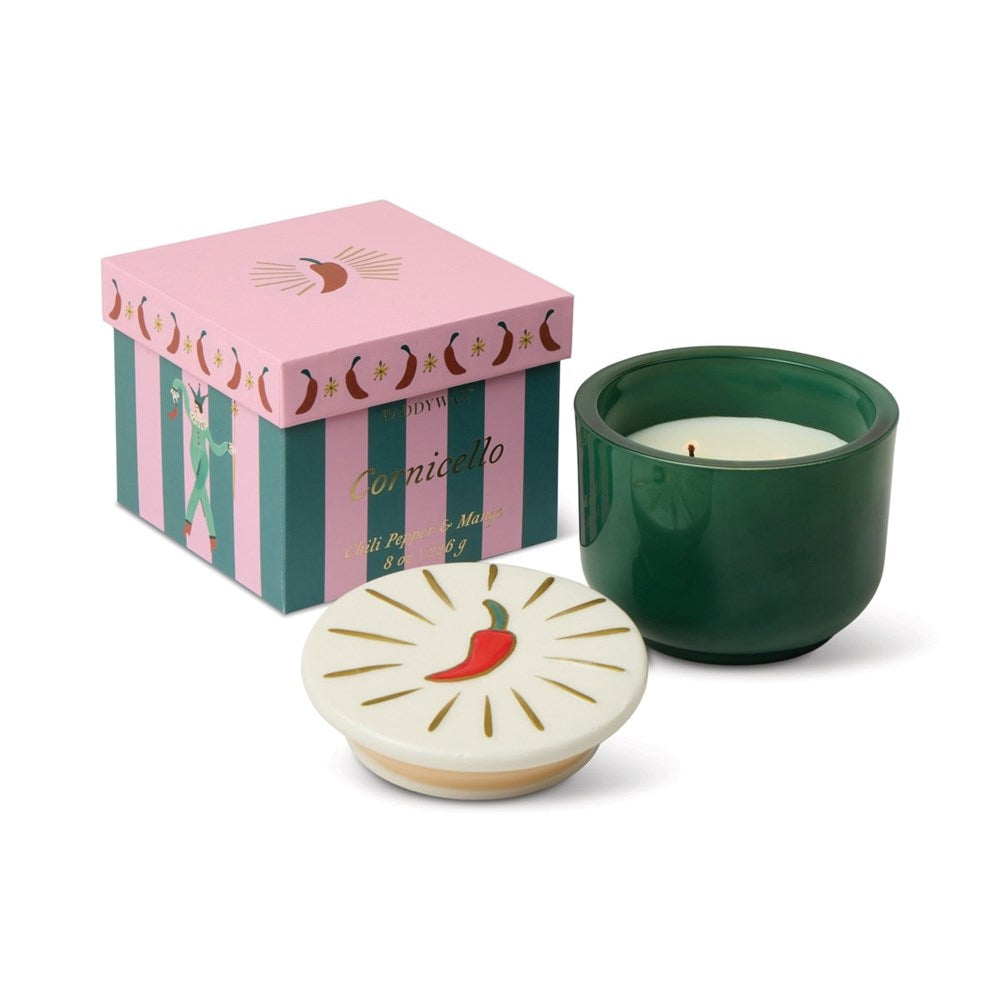 Paddywax: Charmed Green Glass Candle with Embossed Chili Ceramic Lid & Printed Box - Chili Pepper & Mango