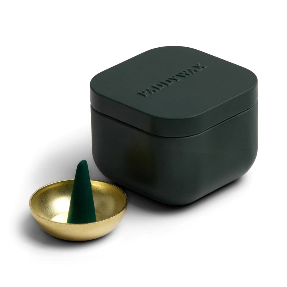 Wild Mint & Santal Incense Cone Refill Set with Holder – Dark Green Metal Tin