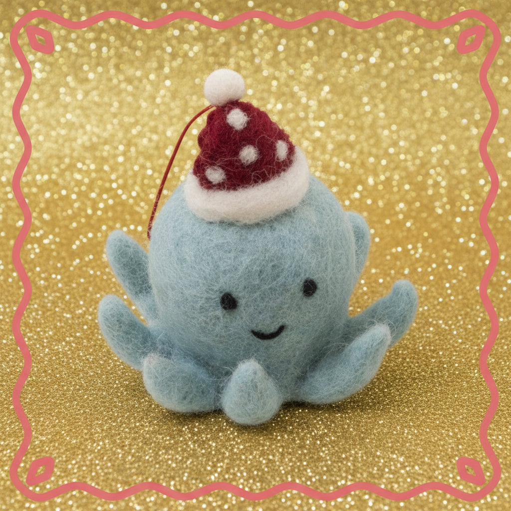 Pashom Felt Christmas Ornament - Octopus in Santa Hat