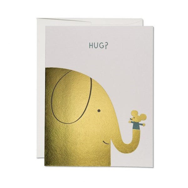 Red Cap Elephant Hugs Greeting Card - Gold Foil