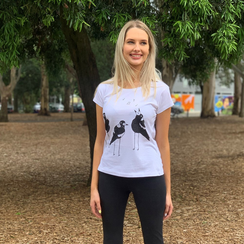 Singing Magpies White Womens Tee
