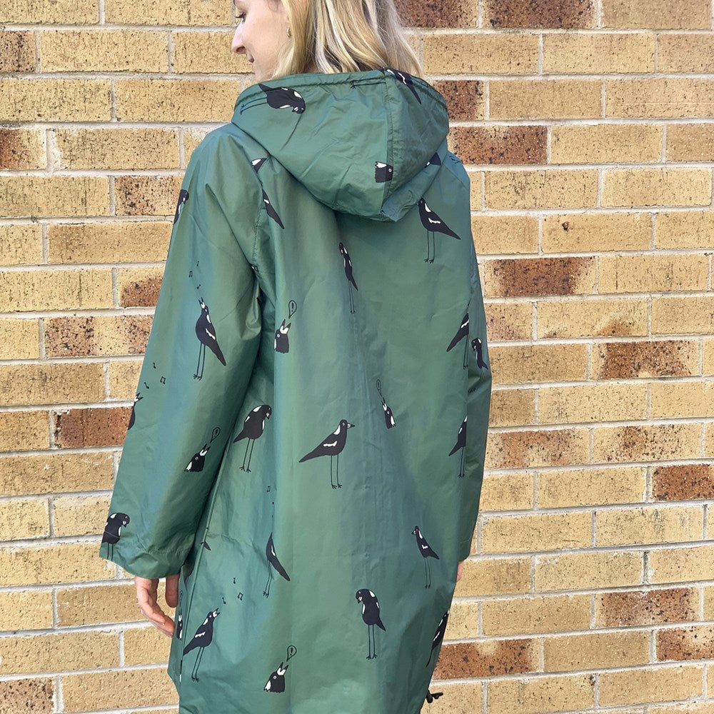 Singing Magpies Long Raincoat - Green