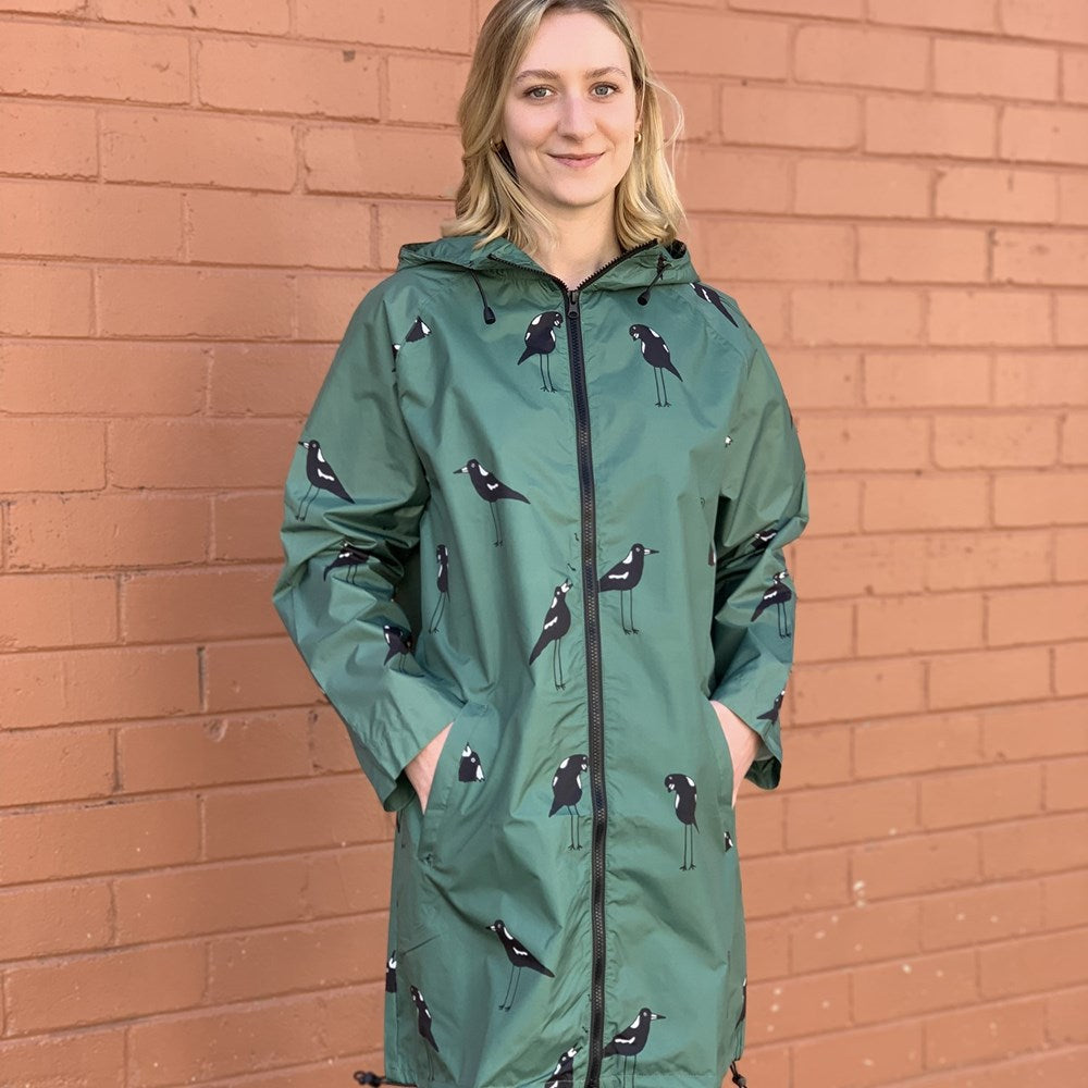 Singing Magpies Long Raincoat - Green