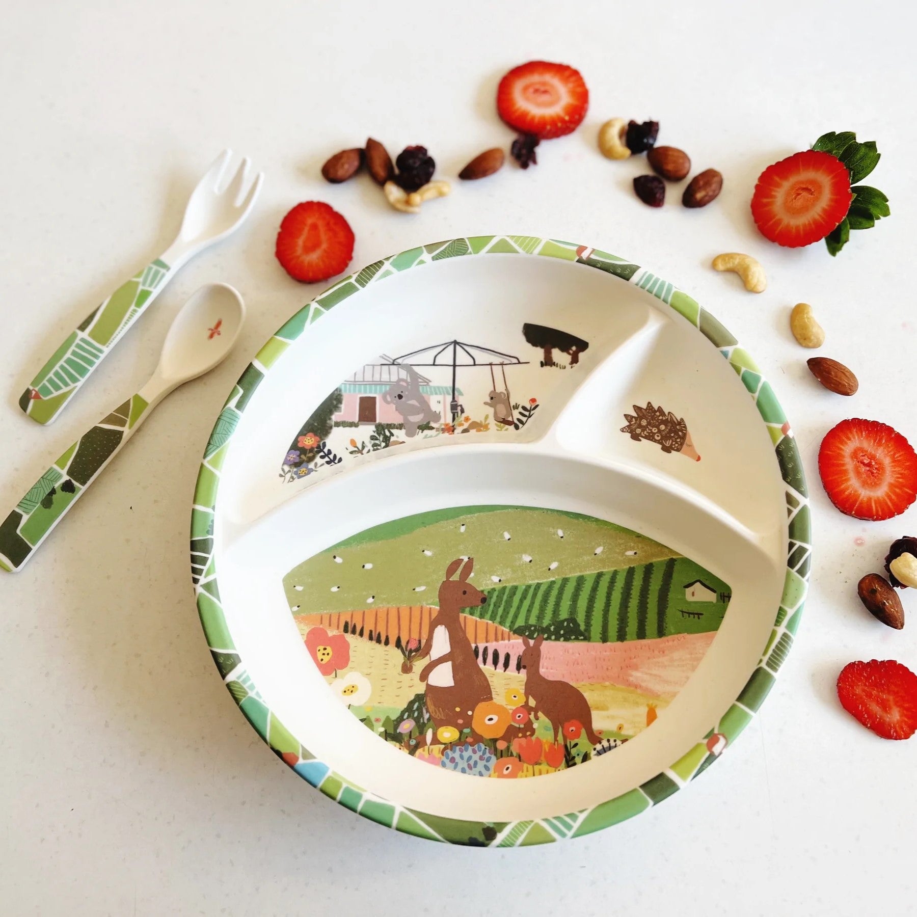 Suki McMaster: Children's 3pc Melamine Dining Set Australian Country Green