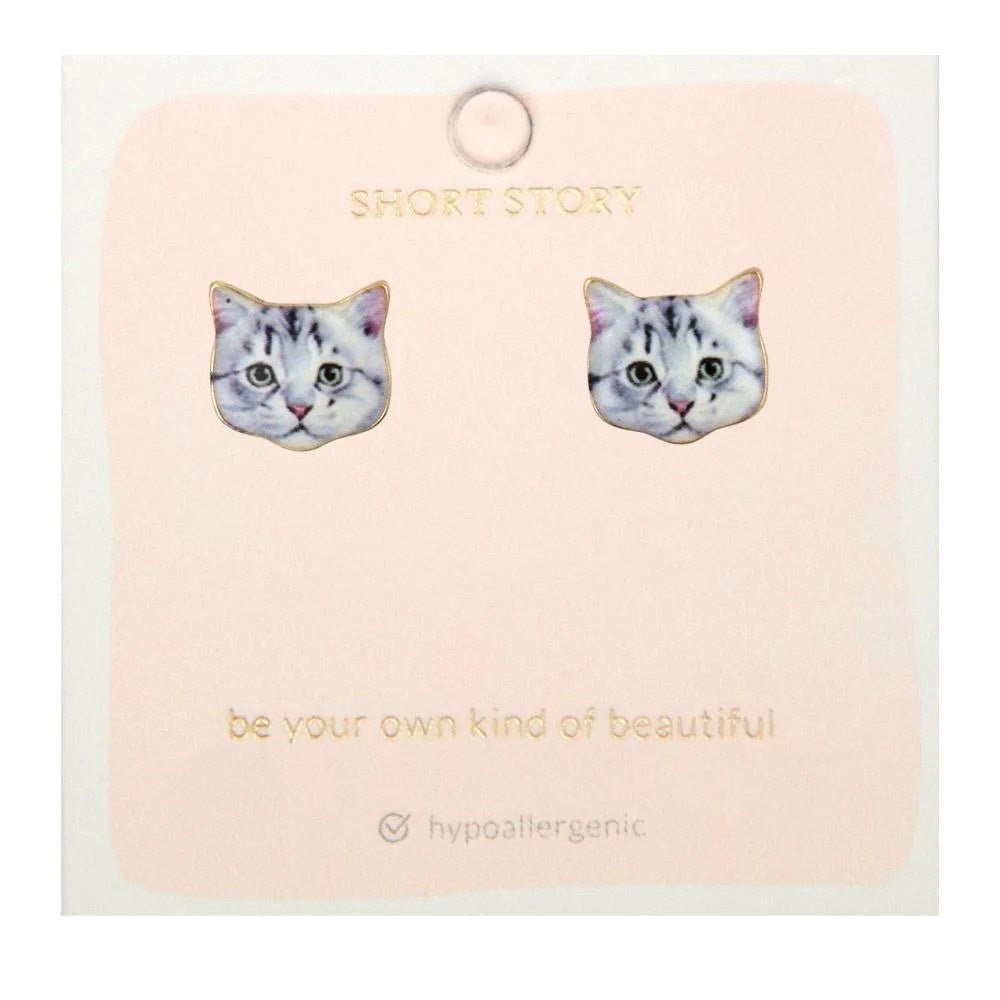 Short Story Stud Earrings - Grey Cat