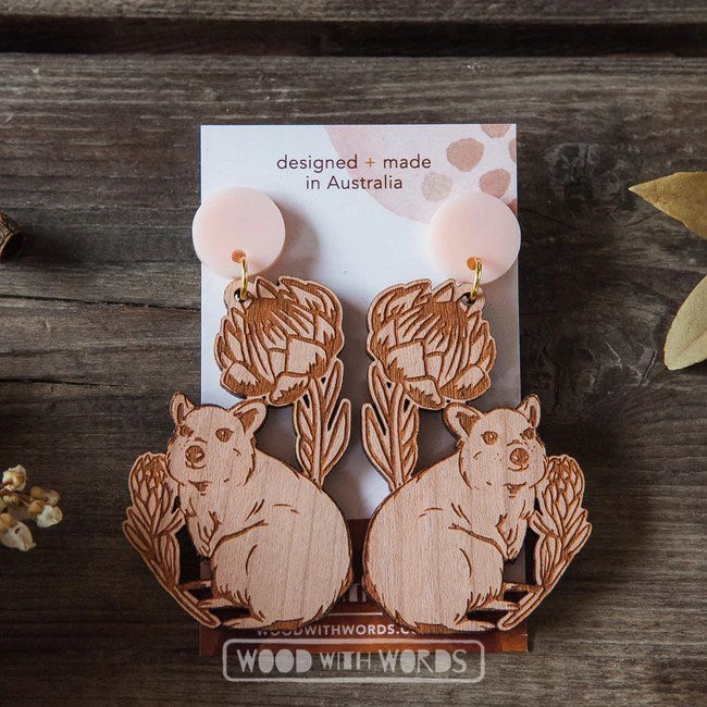 Wood With Words Quokka Protea Dangle Earrings