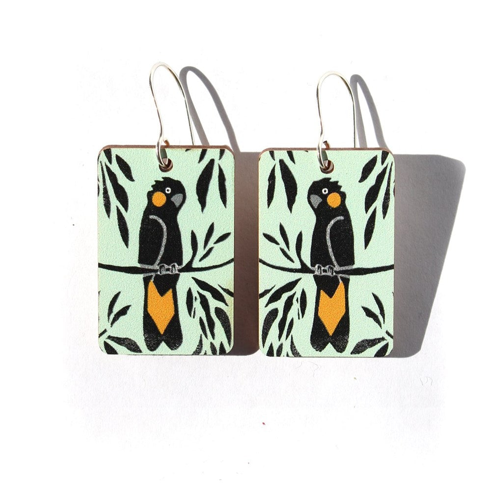 To The Trees: Wooden Earrings Small Yellow Tailed Cockatoos