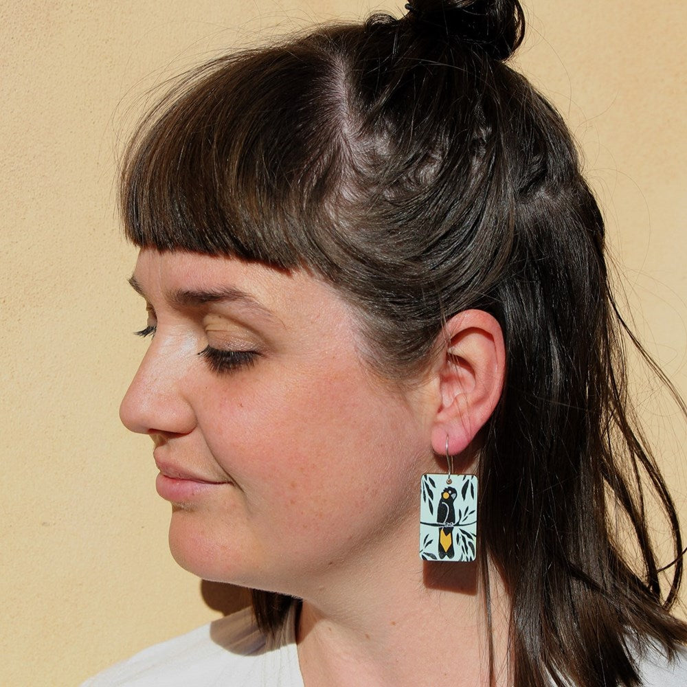 To The Trees: Wooden Earrings Small Yellow Tailed Cockatoos